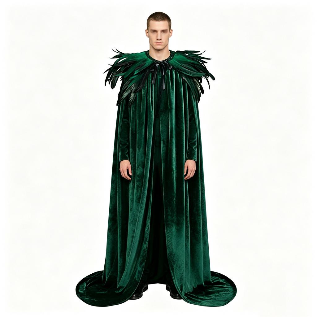 Men's Halloween Feather Cape Costume Dark Forest Cloak for Costume Party and Events