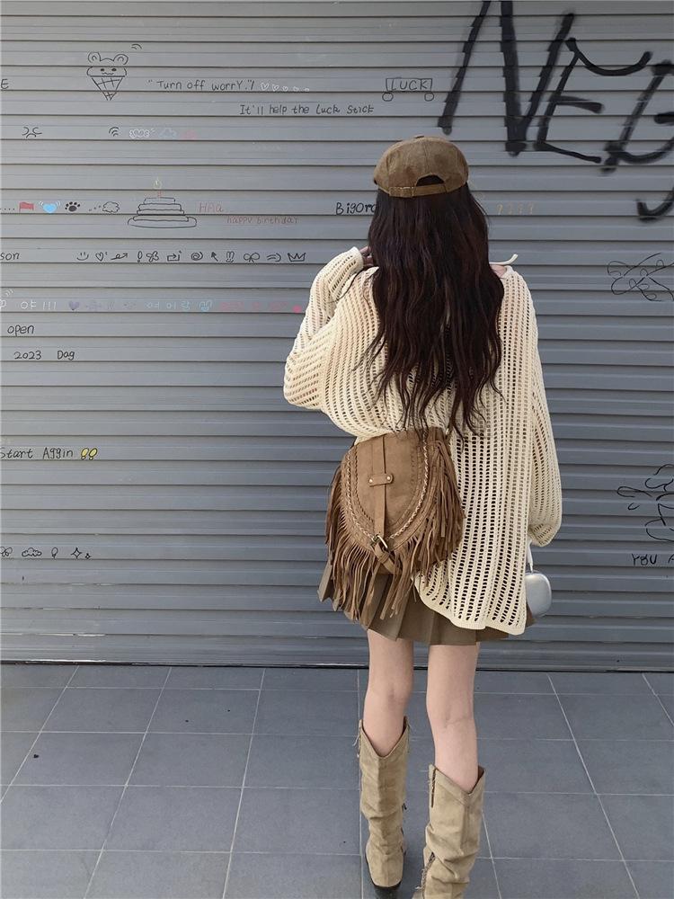 2025 Spring Summer Women's Mesh Cardigan: Lightweight, Loose, Off-the-Shoulder Knitwear with Long Sleeves
