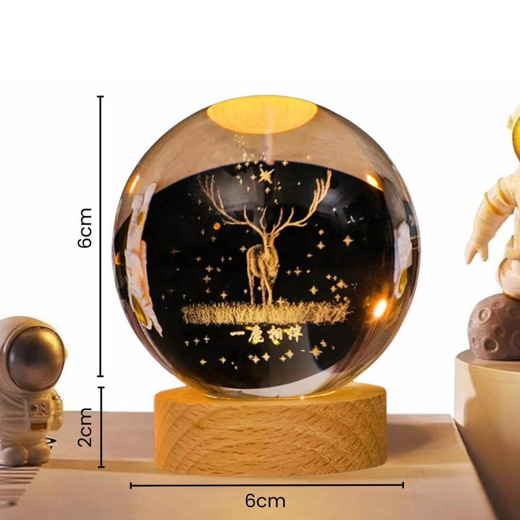 3D Engraved Deer Crystal Globe Lamp | USB LED Night Light with Wooden Base | Creative 6 cm Crystal Ball Table Lamp for Bedroom, Home, (Warm White)