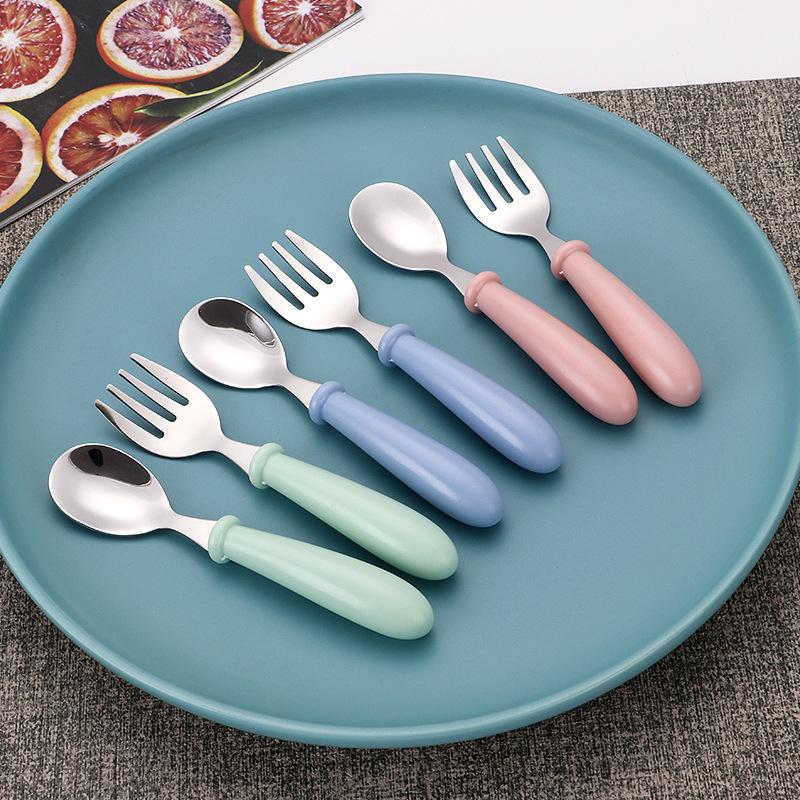 Cartoon Stainless Steel Children's Cutlery Set - Fork & Spoon with Round Handles, Gift for Mother & Baby, Birthday Gift
