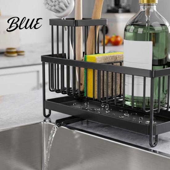 Rustproof Kitchen Storage Sink Caddy Organizer with Drain Tray, Durable Carbon Steel Sponge Holder, Detachable Dish Brush Rack Space Saving