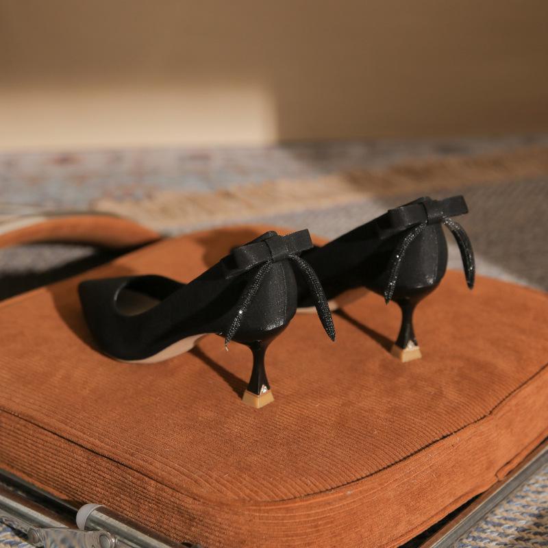 Women's High Heel Bow Shoes - Wine Red/Black (Autumn/Winter Collection)