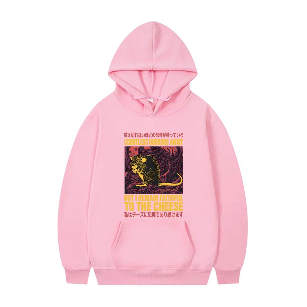 Countless Horrors Await But I Remain Faithful To The Cheese Hoodie Funny Japanese Rat Print Tracksuit Men Casual Vintage Hoodies