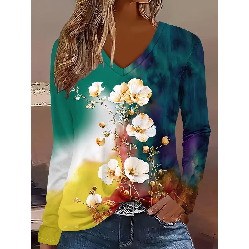 Women's Autumn and Winter 3D Printed V-Neck Long Sleeve T-Shirt Fashion Versatile Trend Breathable Casual