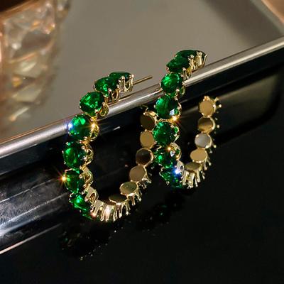 Green Zircon C-shaped Earrings for Female Fashion Exaggerated Hoop Earrings Inlaid Rhinestone Women's Zircon for Party