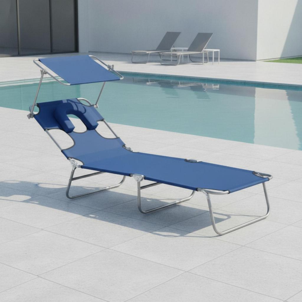 Camp Bed Sturdy Portable Lounge Chair with Sun Cover for Camping, Waterside