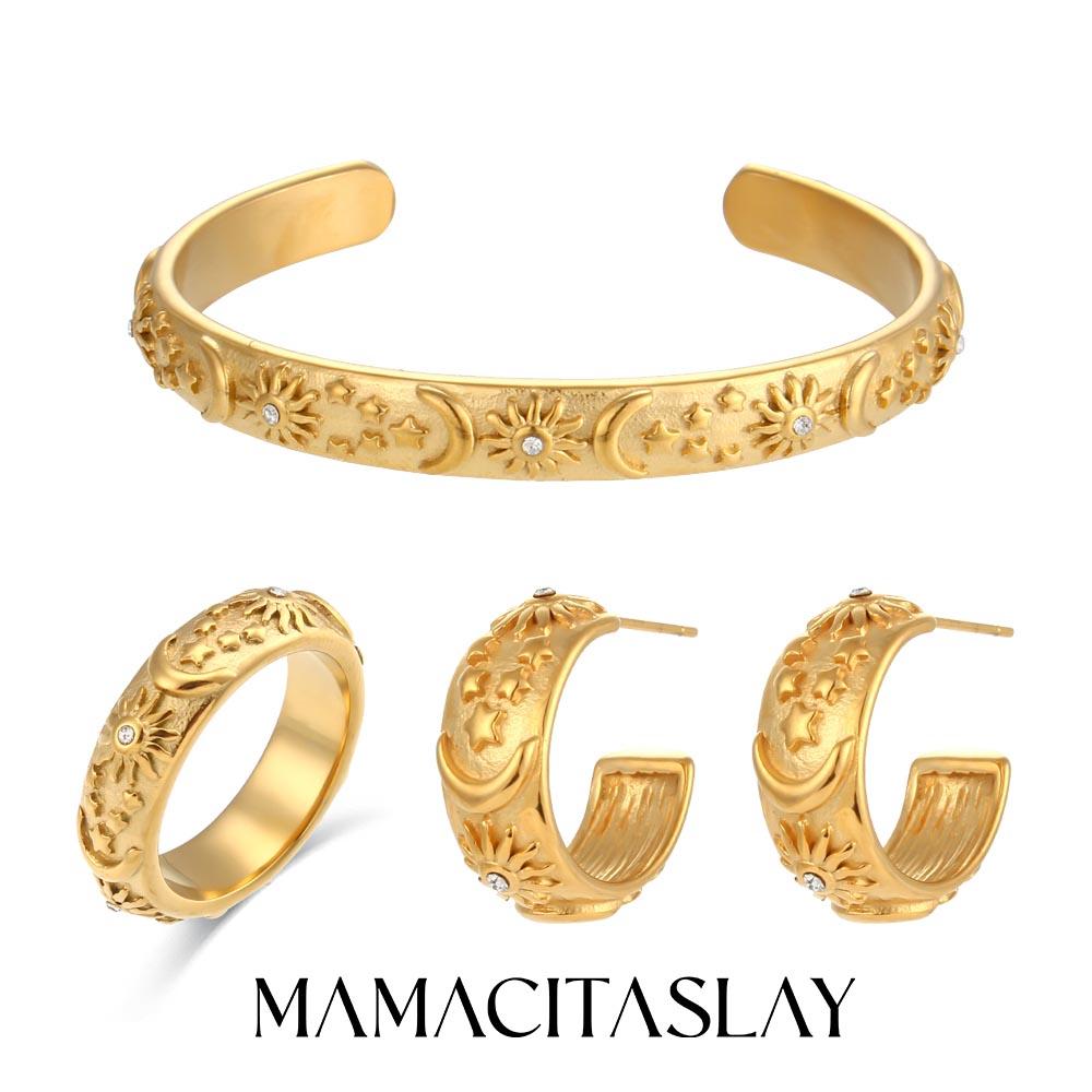 MamacitaSlay 316L Stainless Steel 18K Gold Plated Sun Moon Star Embossed Jewelry Set Open Cuff Bangle Hoop Earrings Band Ring