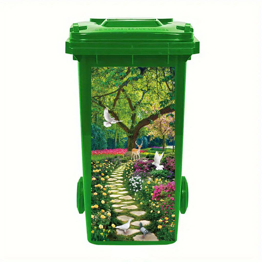1 Pezzo Adesivo Pattumiera Alberi Verdi a Cascata Autoadesivo Paesaggio Naturale Decalcomania con Scene Vivaci di Foresta, Fiume e Funghi per Giardino Esterno