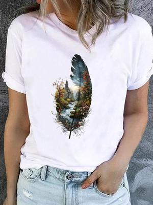(Asian Size) Women Fashion Printed Casual T Shirt Tee Top Lady Female Feather Style 90s Graphic Short Sleeve T-shirts Clothing