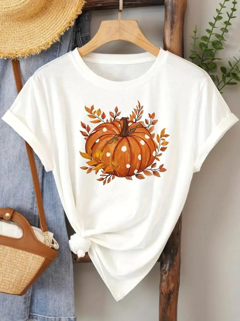 Polyester 100% European and American Pumpkin Printed Round-neck Short-sleeved Women's Top Fashionable Base Layer Aesthetic  Summer