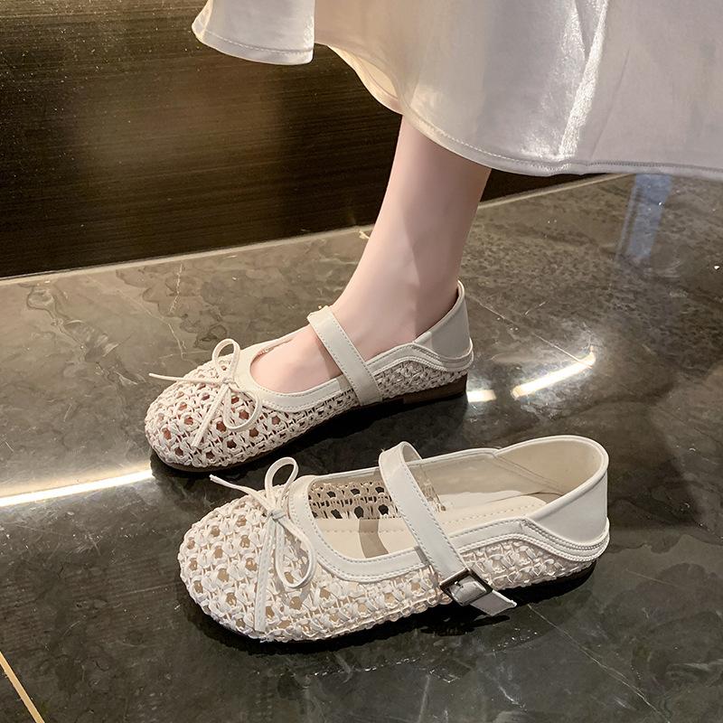 Woven Hollowed-out Word Belt Mary Jane Single Shoes Women's Summer Flat-bottomed Breathable Two Wear Bow-tie Ballet Sandals