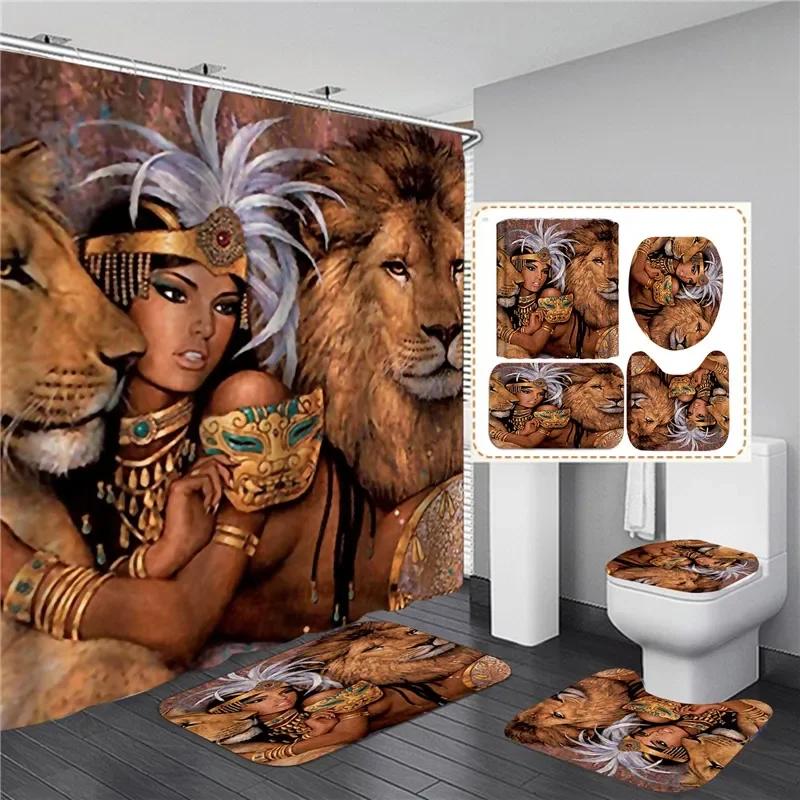 Black Tiger Animals Printed Shower Curtain Set Bathroom Bathing Screen Anti-Slip Toilet Lid Cover Carpet Rugs Kitchen Home Decor