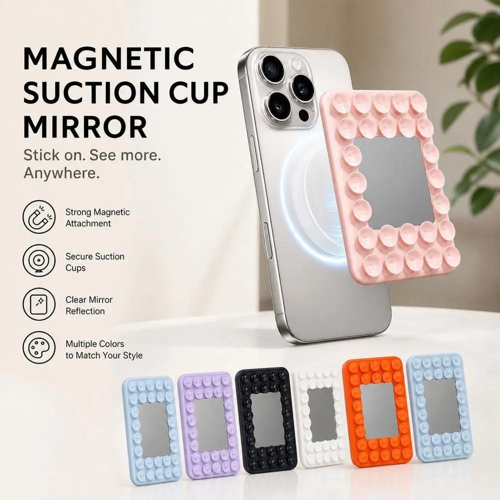 Magnetic Phone Makeup Mirror with 26 Suction Cups, Portable Silicone Cosmetic Mirror for Back of Cell Phone