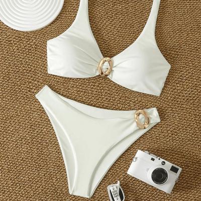 JYL Solid Color Halter Casual Split Swimwear Soft Bikini for Summer Resort Vacation Outing Trip