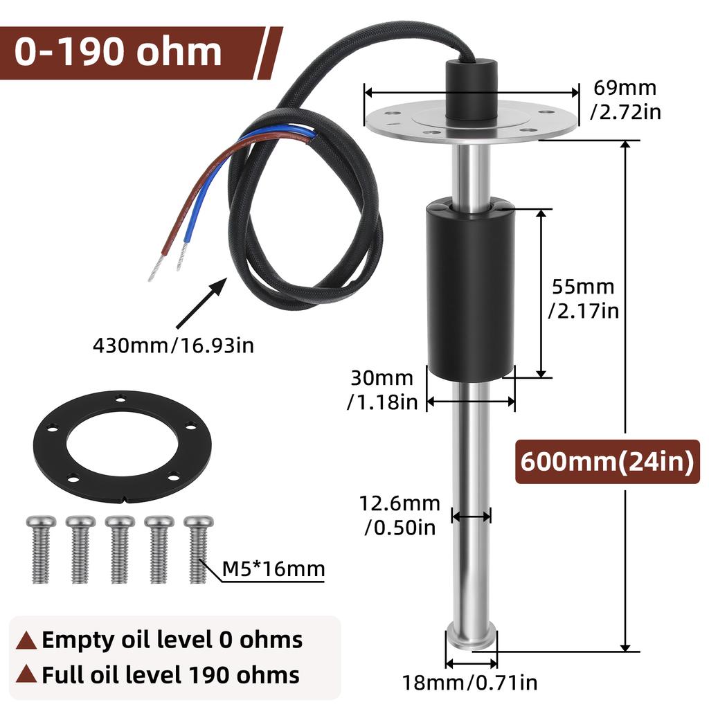 52mm Fuel Level Gauge Marine Boat Digital Pointer Fuel Gauge 7-color Backlight 100-600mm Fuel Level Sensor Digital Car Gauge