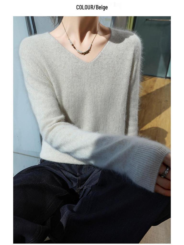 New Seamless Mink Velvet V-Neck Cashmere Sweater for Women - Loose Fit, Solid Color, Short Pullover Knitwear for Autumn and Winter
