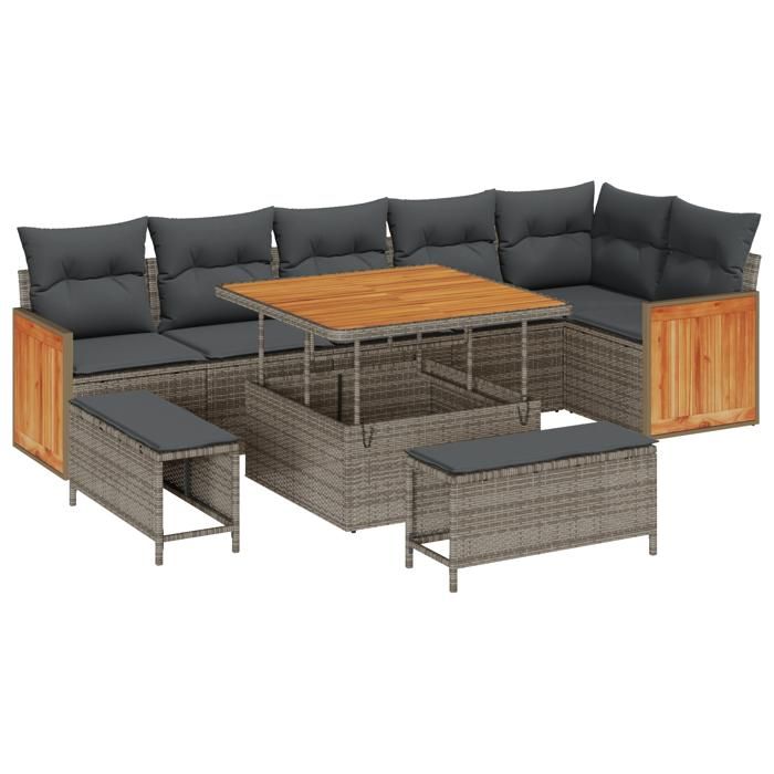 Set de canapé de jardin 9 pièces avec coussins en rotin poly gris, Canapé de jardin 2 places avec coussins en rotin poly 3363318