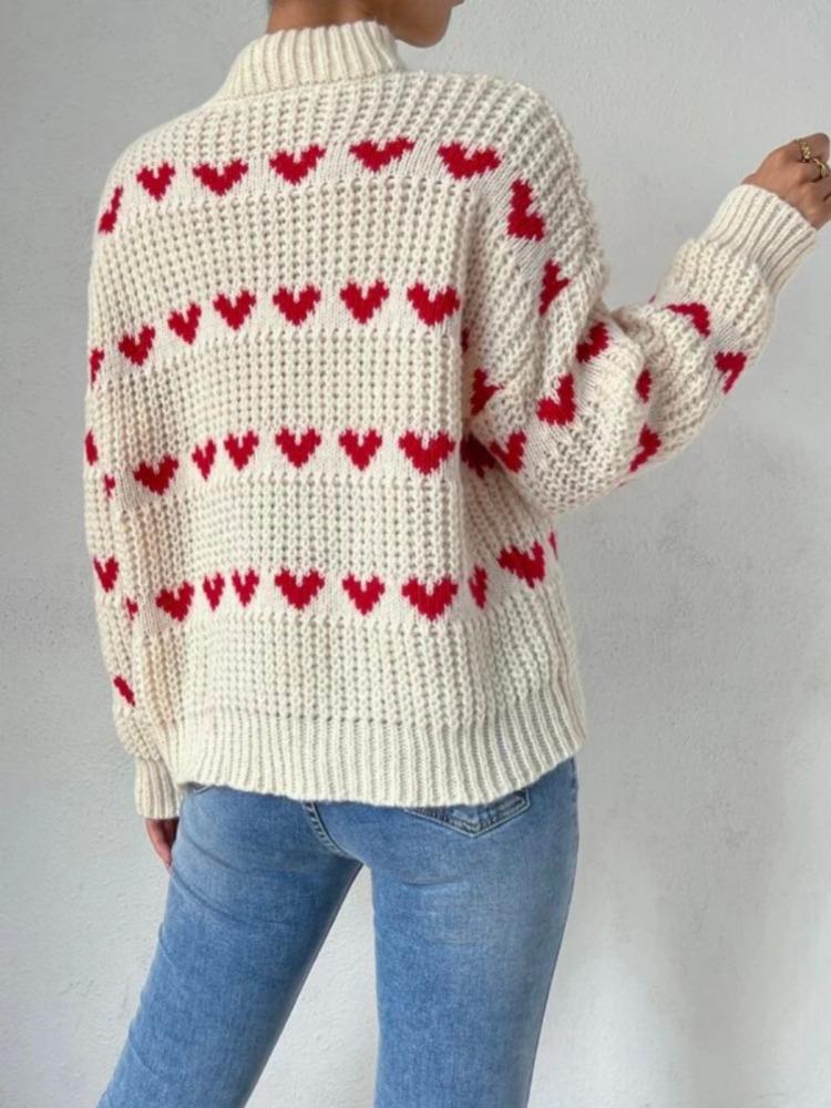 Spring Autumn Heart Jacquard Sweater Women's Loose Relaxed-fit Pullover Luxurious Soft Knit Slimming Versatile Casual Top