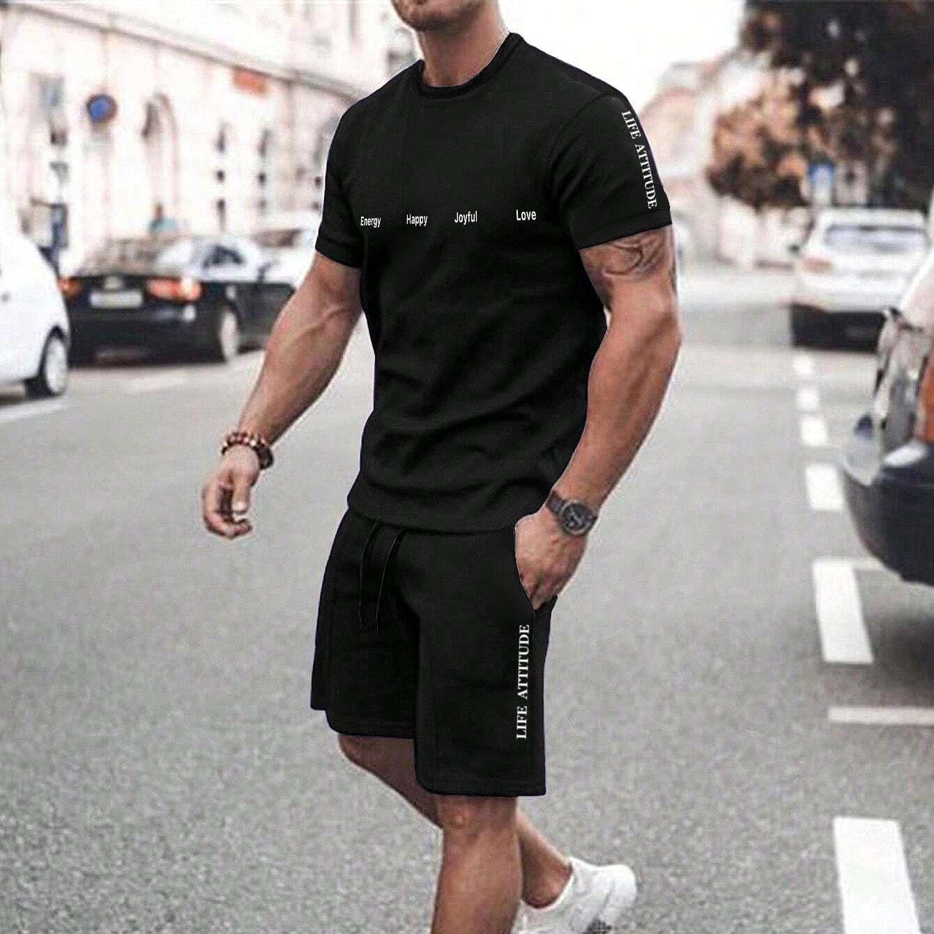 

Чоловічий комплект Manfinity Homme: футболка з круглим вирізом, коротким рукавом та принтом-літерами та шорти XXL