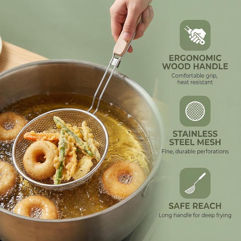 Thickened Stainless Steel Fine Mesh Strainer Wooden Handle Dumpling Skimmer Spoon Kitchen Household Frying Strainer