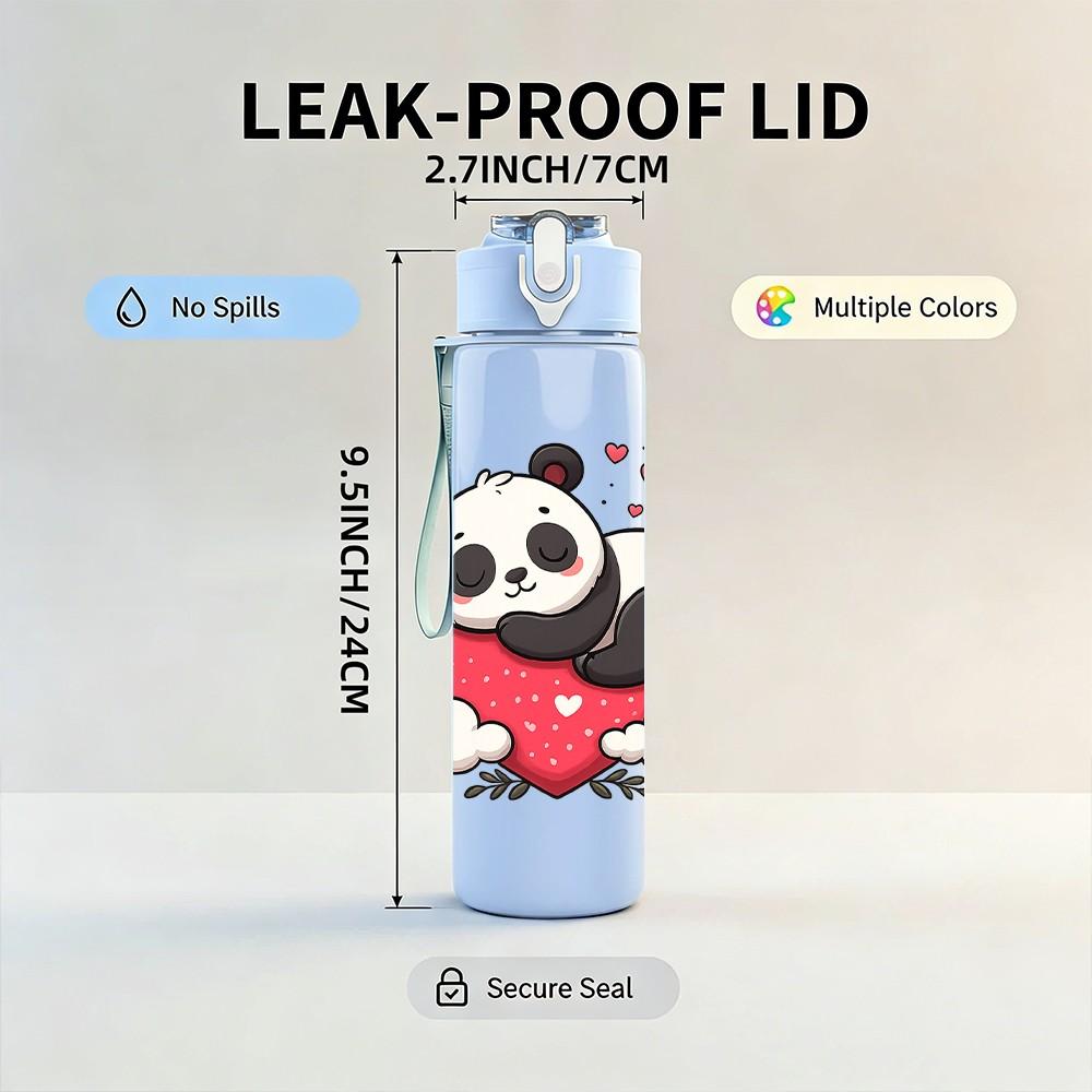 1PC Heart Panda Cartoon 750ml Color Plastic Sports Water Bottle Leakproof Flip Straw Lid Suitable for Sports Office Home Use
