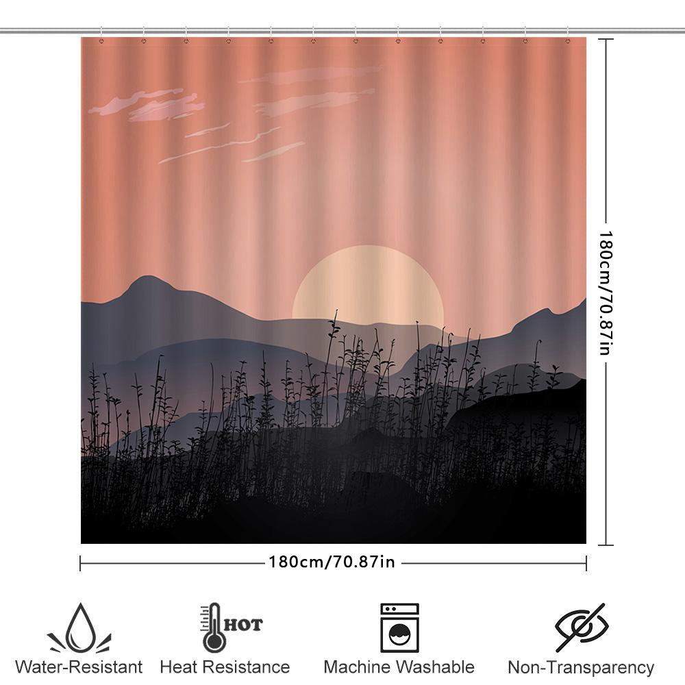 Sunset-themed shower curtain with black silhouette plants for modern bathroom decor peach pink color (59 x 72 inches)