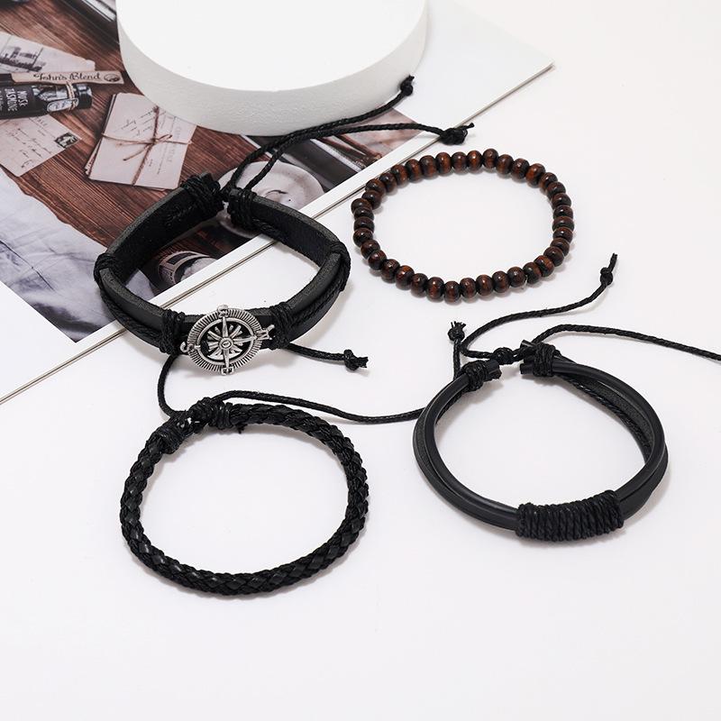 4-Piece Trendy Men's Woven Leather Bracelets with Leaf Design