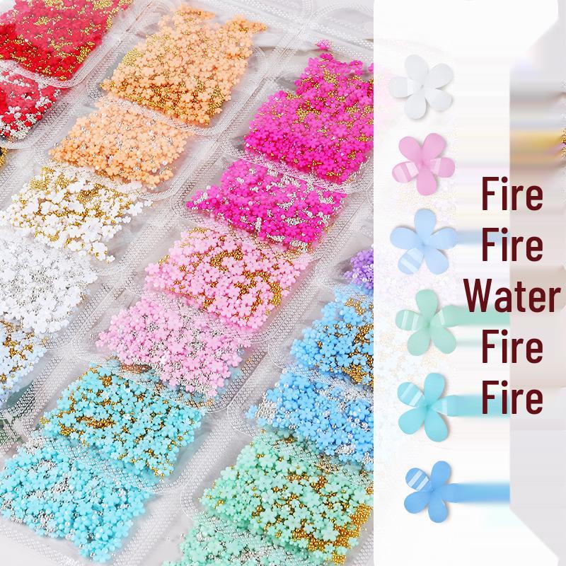 200pcs Five-Petal Nail Art Flowers with Gold & Silver Beads - White & Pink Resin Ornaments