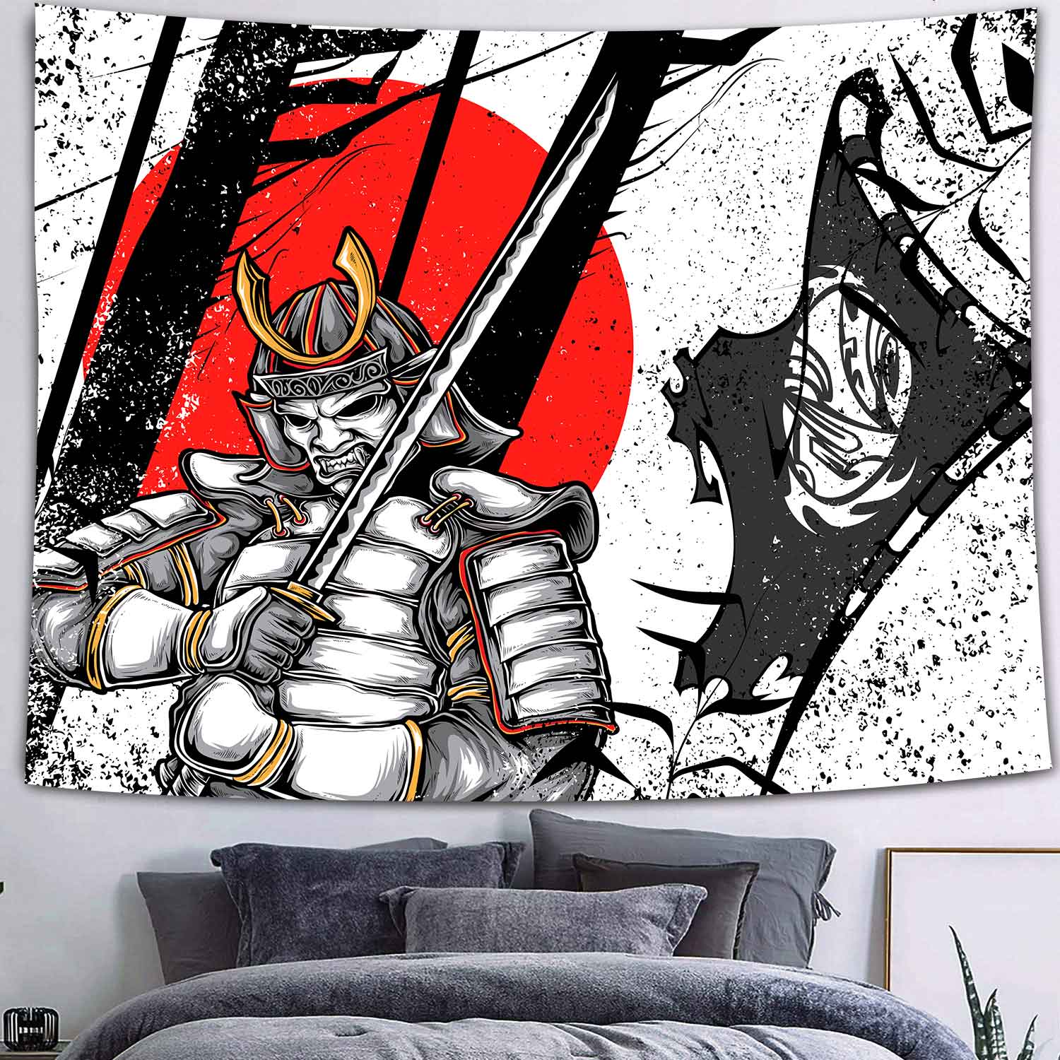 

Simsant Japanese Legend Настенный гобелен Японский самурай Гобелен Психоделический Горящее Солнце Декоративный гобелен для гостиной Общежитие