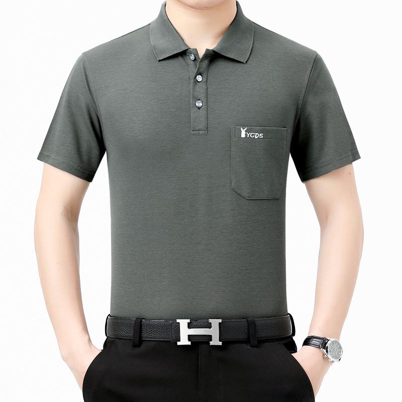 Tricou bărbătesc din mătase glacială cu rever și buzunare reale pentru persoane de vârstă mijlocie și vârstnici - cămașă de vară cu mânecă scurtă