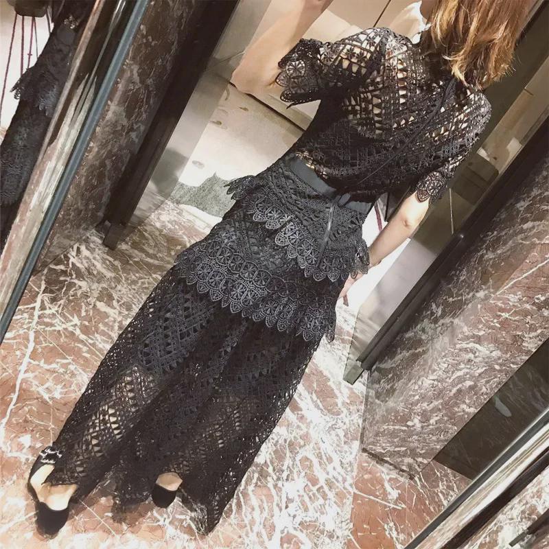 Black Retro Lace Embroidered High Waist Maxi Dress