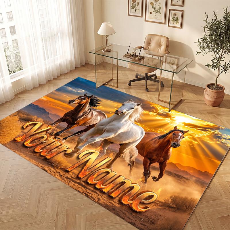 Horse Theme Soft Crystal Velvet Rug Custom Name & Text Print Non Slip Floor Rug for Bedroom Living Room