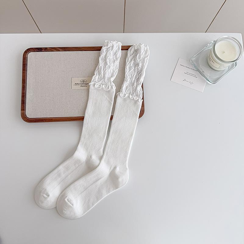 

Носки в балетном стиле для женщин, милые носки до середины икры с кружевной вставкой, тонкие, для весны и осени, милые махровые носки с черной отделкой в виде ушек, Лолита 1 pair белый