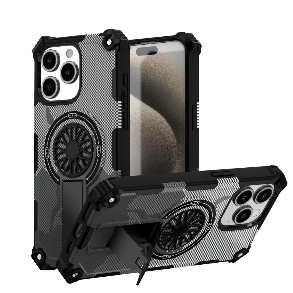 Painting Army Camouflage Carbon Fiber Magnetic Bumper Phone Case With Kickstand For iPhone 17 16 15 Pro Max Samsung S25 S24 A56 Hard Protective Cover