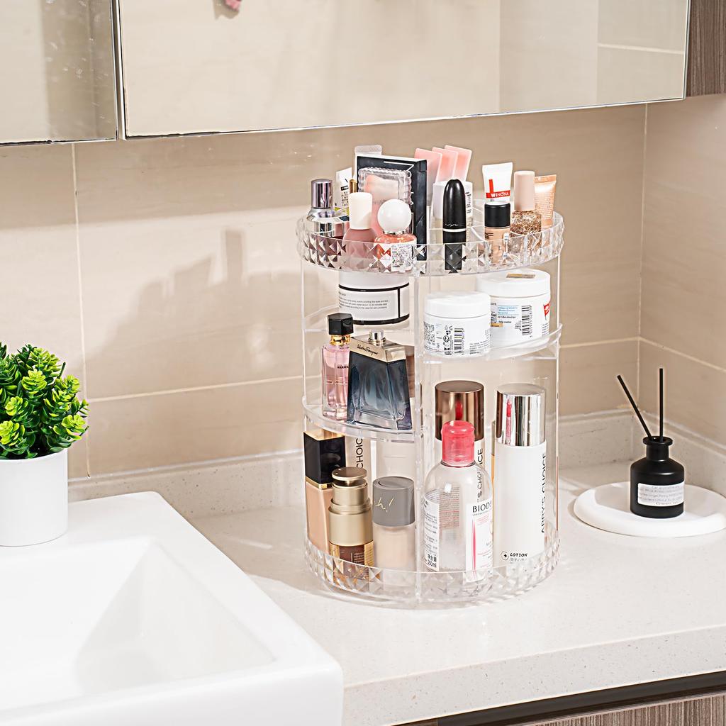 Large Capacity Acrylic Makeup Box with Rotating and Diamond Pattern Clear Diamond Pattern Gift for Women Dividers, 360° Design,