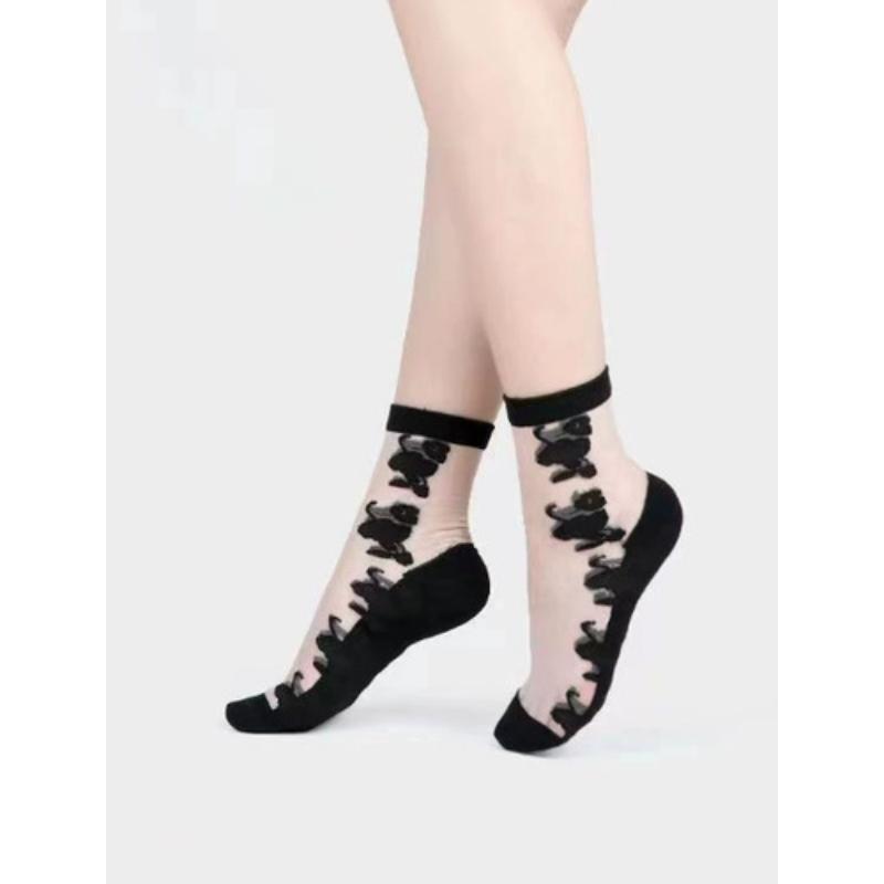 Ultra-thin Transparent Crystal Silk Socks Women Fashion Summer Harajuku Crew Socks Retro Flower Streetwear Elastic Long Socks
