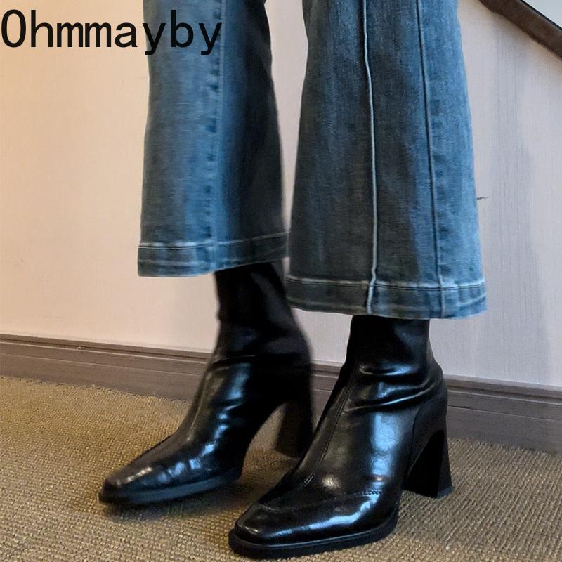 Vintage High Heel Women Ankle Boots Fashion Square Toe Short Booties Autumn Winter Ladies Shoes Botas Mujer