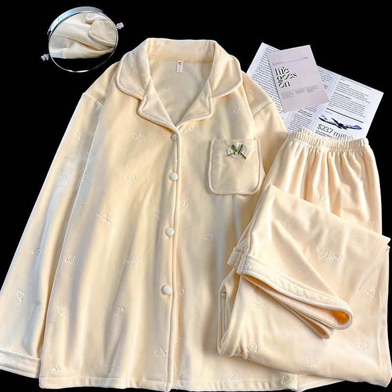 Women's Cozy Fleece Cardigan Pajama Set - Warm Coral Fleece for Autumn/Winter