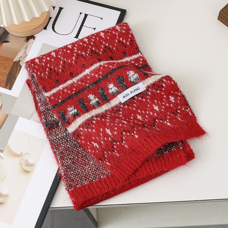 Retro Red Green Print Fashion Winter Women Knit Scarf Headscarf Casual Preppy Scarve Lady Mujer Wrap Shawl Korean New Christmas