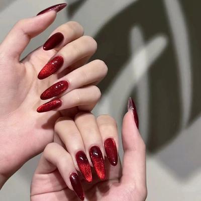 Manicure Long Almond False Nails French Cat Eye Press On Nails Red Detachable Fake Nials Women
