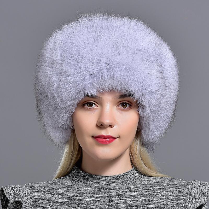 Real Fox Fur Bomber Hat for Women with Leather Thick Warm Sheepskin 56-60cm Lady Winter Caps