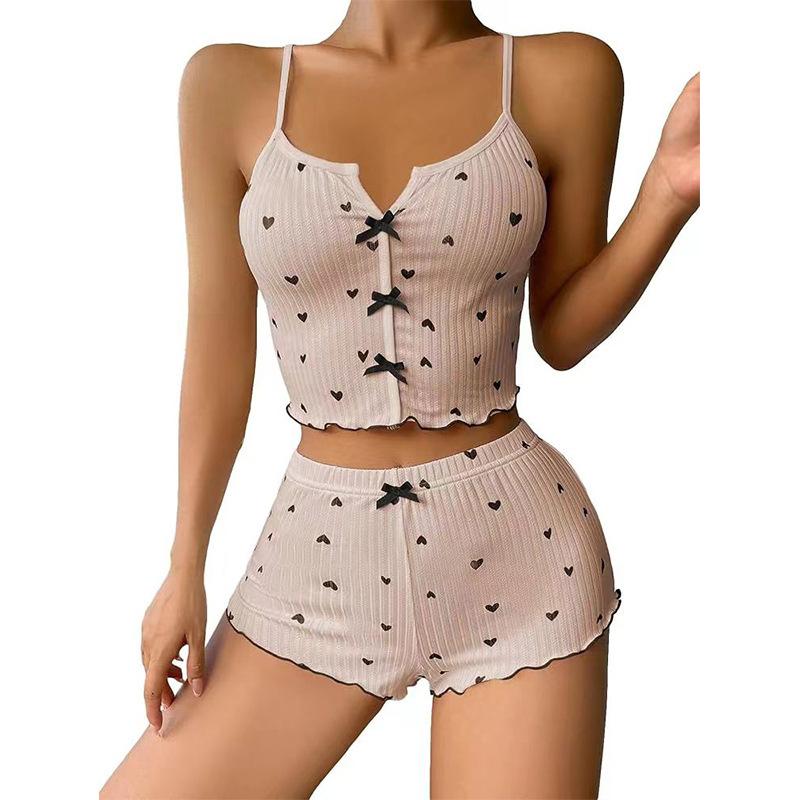 2 Pcs/Set Women Vest Shorts Suit Bow Heart Print Sleeveless Shirring Top High Waist Short Trousers Homewear Loungewear Outfit Summer Sleepwear