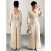 Women's V Neck Long Sleeve Jumpsuit Loose High Waist Elegant Solid Pleated Wide Leg Romper
