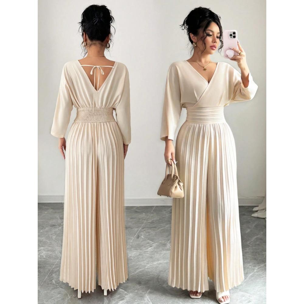 Women's V Neck Long Sleeve Jumpsuit Loose High Waist Elegant Solid Pleated Wide Leg Romper