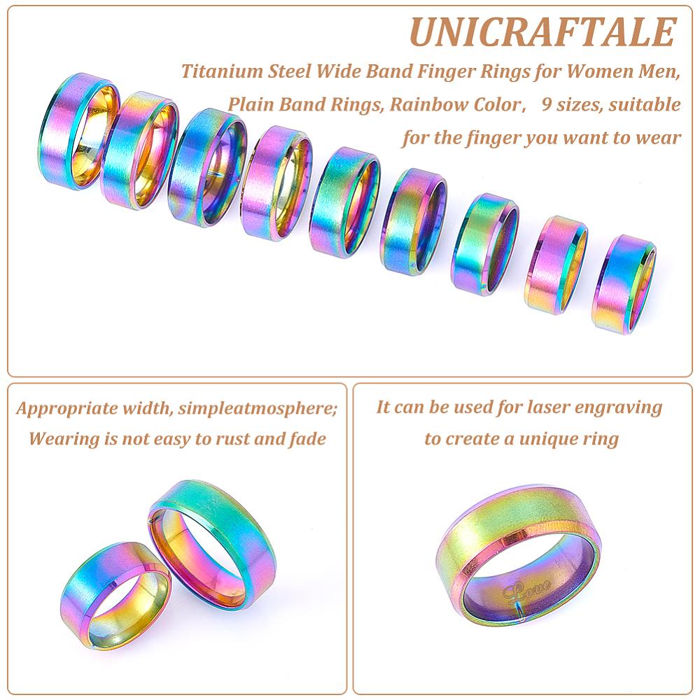 18Pcs 9 Styles Stainless Steel Wide Band Finger Rings for Women Men Plain Band Rings Rainbow Color 8mm Inner Diameter: US Size 4 1/4~13 1/4(15~22.4mm)