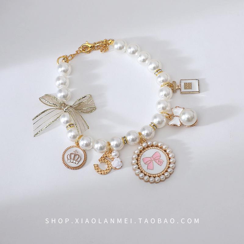 Retro Pearl Dog Necklace with Bow Pendant - Accessory for Yorkshire Terriers and Maltese