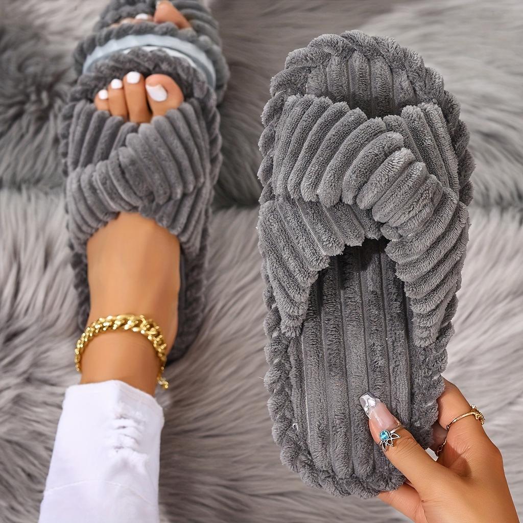 Couple Style Slippers, Lightweight for Home Use. Classic Elegance, Crossed Straps, Fluffy and Soft, Skin Friendly and Warm, One Foot Kick