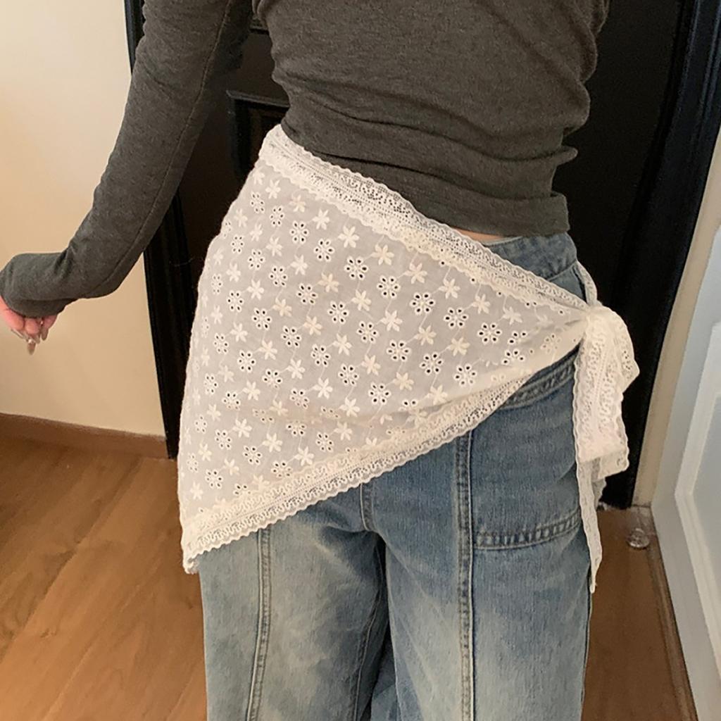 Sweet Triangle One-Piece Belted Overlap Lace Skirt Apron  Lace Trim Half Skirt Butt Curtain Spring Headscarf Accessories