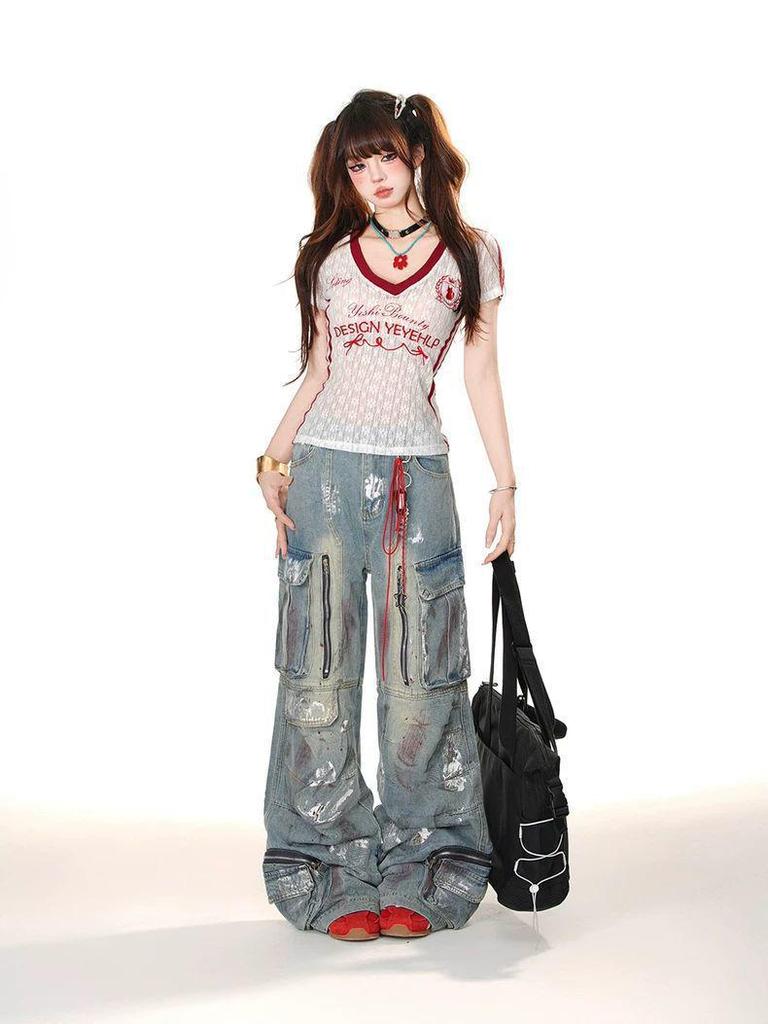 American College V-Neck Lace Embroidered Slimming T-Shirt - Women's Summer Short Sleeve Versatile Top
