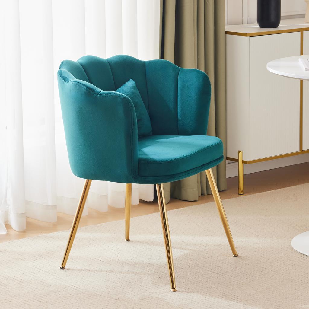 Moderner Samt-Wohnzimmer-Sessel, Polsterstuhl mit Blütenrückenlehne und vergoldeten Metallbeinen und Schmetterlingskissen für Schlafzimmer/Esszimmer